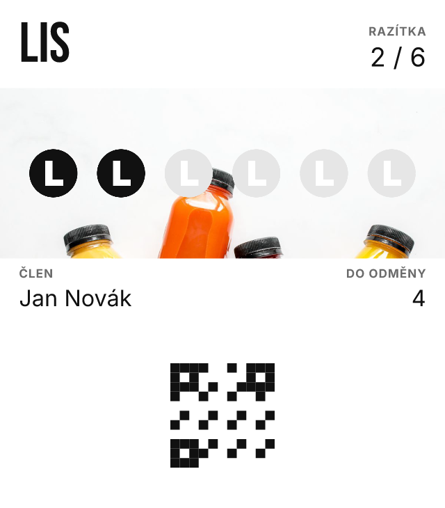 Ukázková kartička juice baru s řadou lahviček v pruhu
